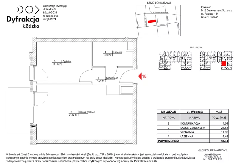 2 pokoje, mieszkanie 44,14 m², piętro 2, oferta nr A018, Dyfrakcja Łódzka, Łódź, Widzew, ul. Wodna 3