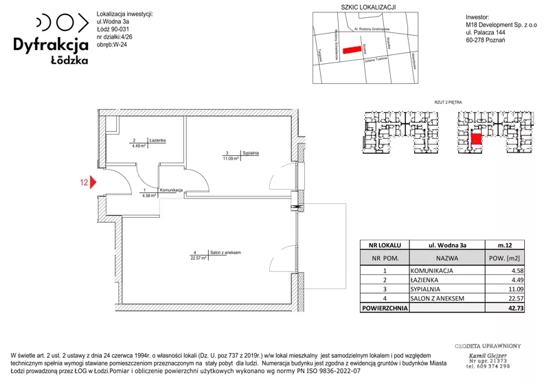 2 pokoje, mieszkanie 42,73 m², piętro 2, oferta nr B060, Dyfrakcja Łódzka, Łódź, Widzew, ul. Wodna 3