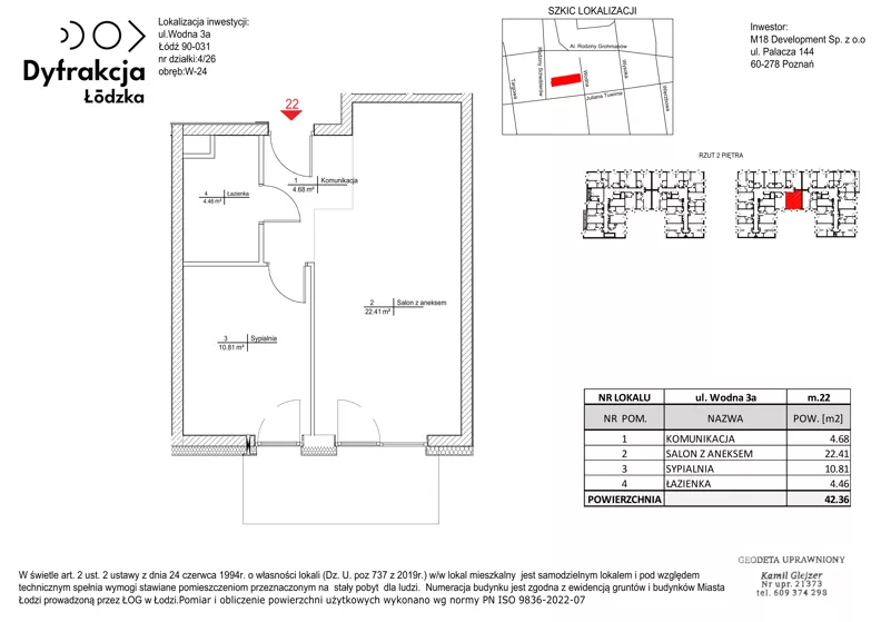 2 pokoje, mieszkanie 42,36 m², piętro 2, oferta nr B070, Dyfrakcja Łódzka, Łódź, Widzew, ul. Wodna 3