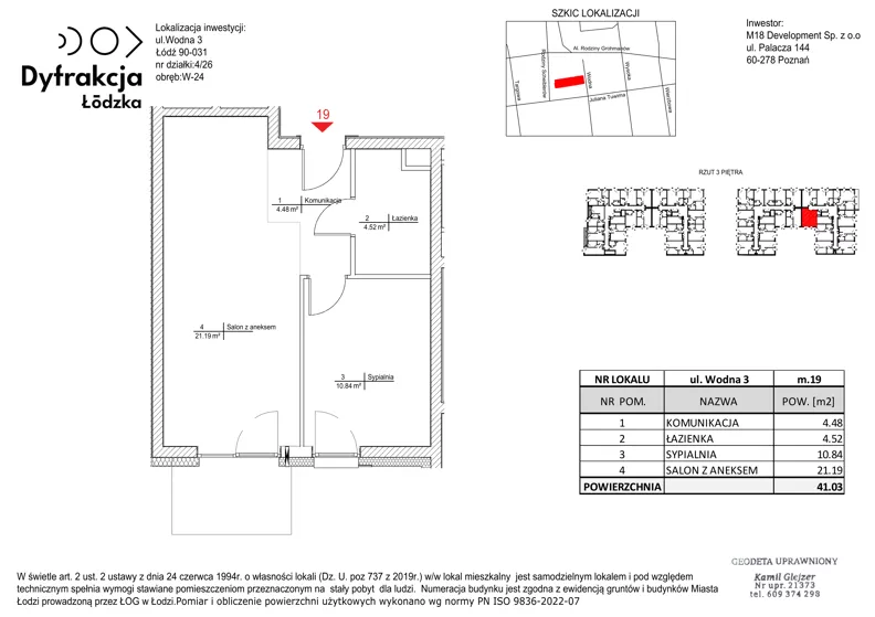 2 pokoje, mieszkanie 41,03 m², piętro 3, oferta nr A019, Dyfrakcja Łódzka, Łódź, Widzew, ul. Wodna 3