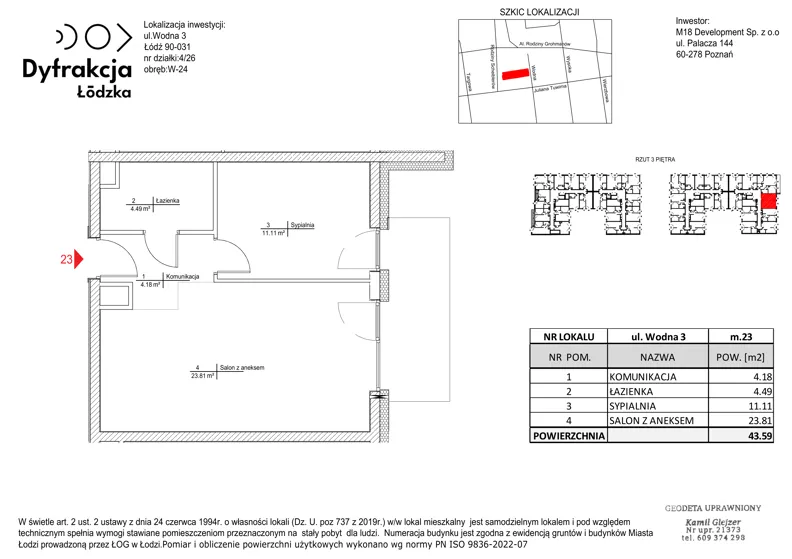 2 pokoje, mieszkanie 43,59 m², piętro 3, oferta nr A023, Dyfrakcja Łódzka, Łódź, Widzew, ul. Wodna 3