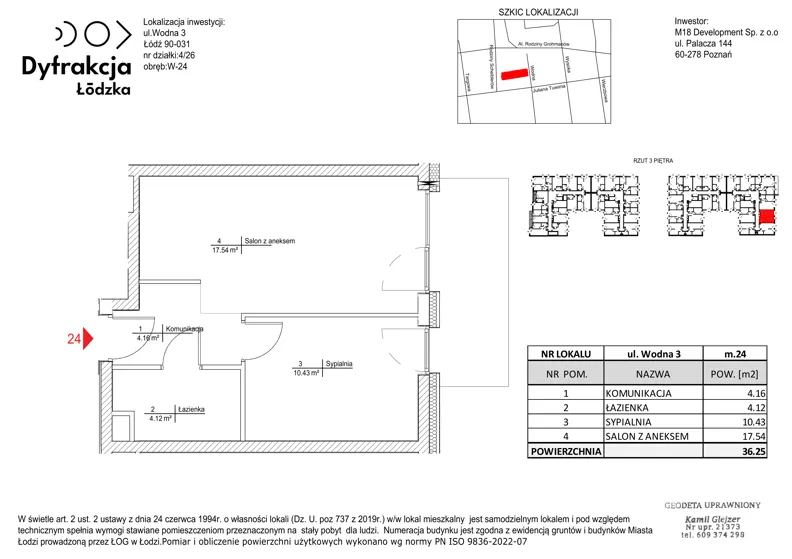 2 pokoje, mieszkanie 36,25 m², piętro 3, oferta nr A024, Dyfrakcja Łódzka, Łódź, Widzew, ul. Wodna 3