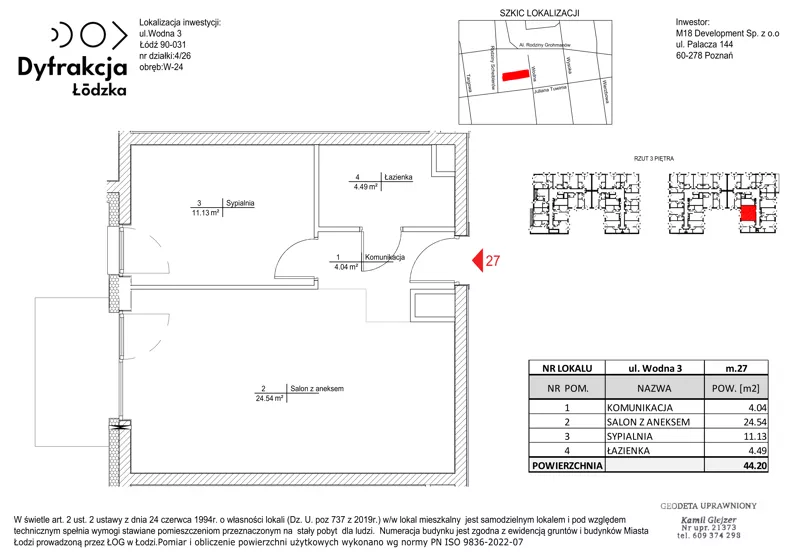 2 pokoje, mieszkanie 44,20 m², piętro 3, oferta nr A027, Dyfrakcja Łódzka, Łódź, Widzew, ul. Wodna 3