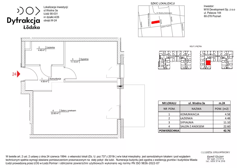 2 pokoje, mieszkanie 42,76 m², piętro 3, oferta nr B072, Dyfrakcja Łódzka, Łódź, Widzew, ul. Wodna 3