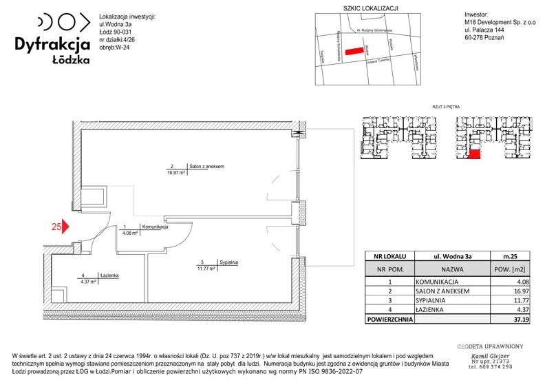2 pokoje, mieszkanie 37,19 m², piętro 3, oferta nr B073, Dyfrakcja Łódzka, Łódź, Widzew, ul. Wodna 3