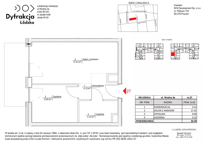 2 pokoje, mieszkanie 34,70 m², piętro 3, oferta nr B075, Dyfrakcja Łódzka, Łódź, Widzew, ul. Wodna 3
