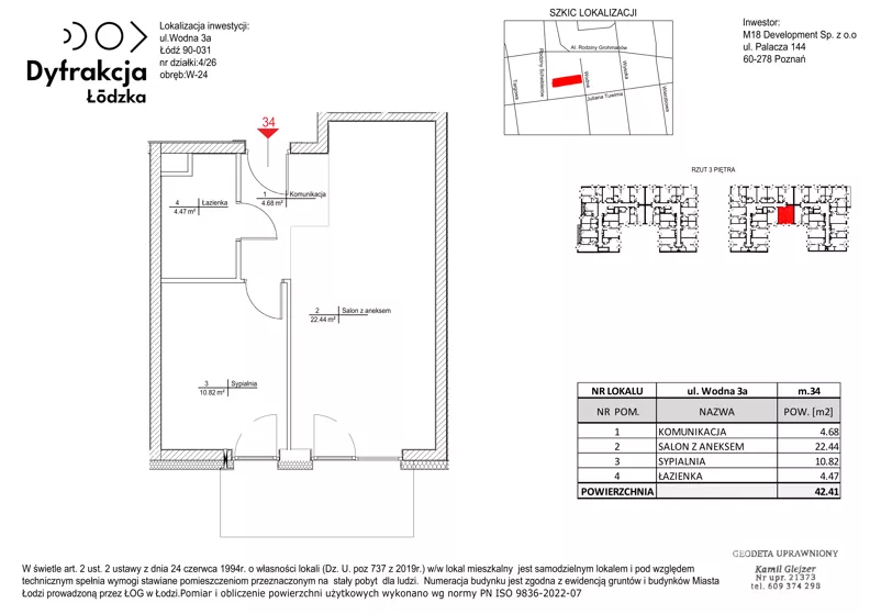 2 pokoje, mieszkanie 42,41 m², piętro 3, oferta nr B082, Dyfrakcja Łódzka, Łódź, Widzew, ul. Wodna 3