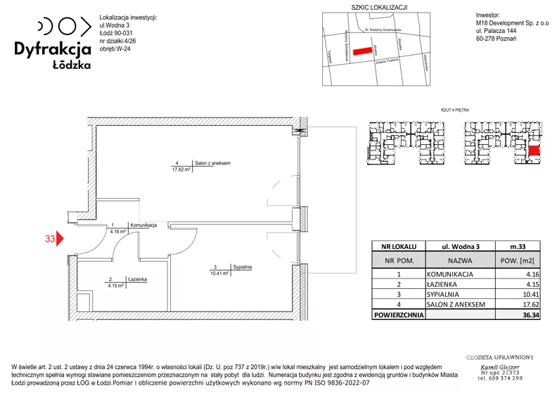 2 pokoje, mieszkanie 36,34 m², piętro 4, oferta nr A033, Dyfrakcja Łódzka, Łódź, Widzew, ul. Wodna 3