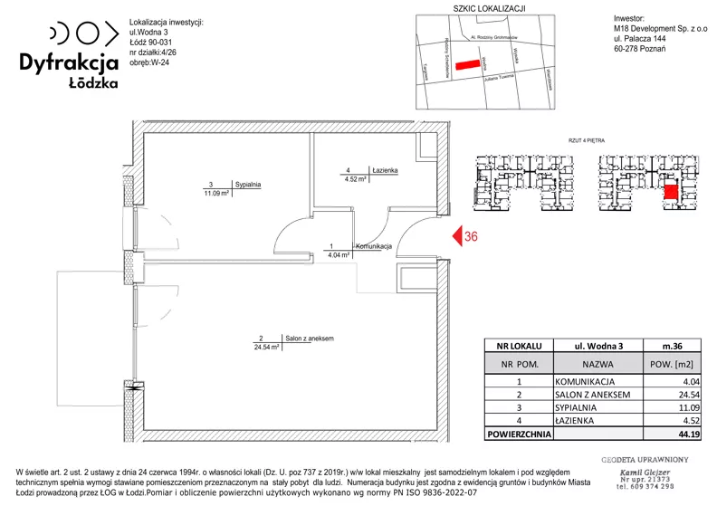 2 pokoje, mieszkanie 44,19 m², piętro 4, oferta nr A036, Dyfrakcja Łódzka, Łódź, Widzew, ul. Wodna 3