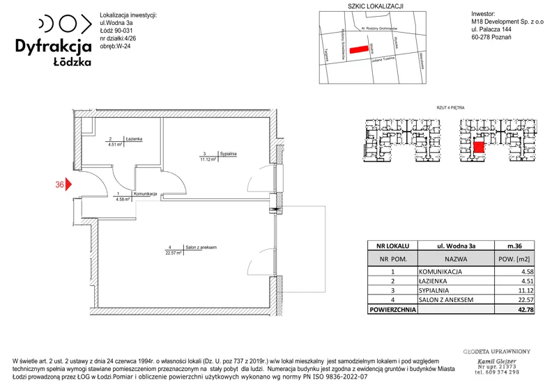 2 pokoje, mieszkanie 42,78 m², piętro 4, oferta nr B084, Dyfrakcja Łódzka, Łódź, Widzew, ul. Wodna 3