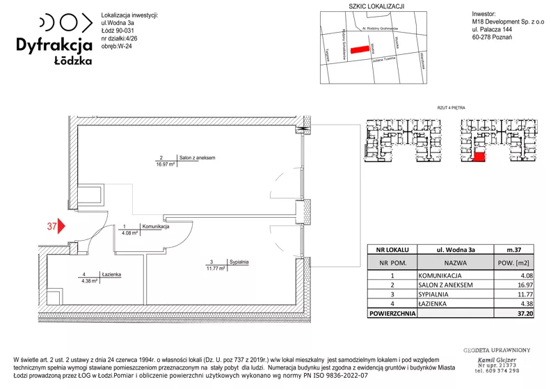 2 pokoje, mieszkanie 37,20 m², piętro 4, oferta nr B085, Dyfrakcja Łódzka, Łódź, Widzew, ul. Wodna 3