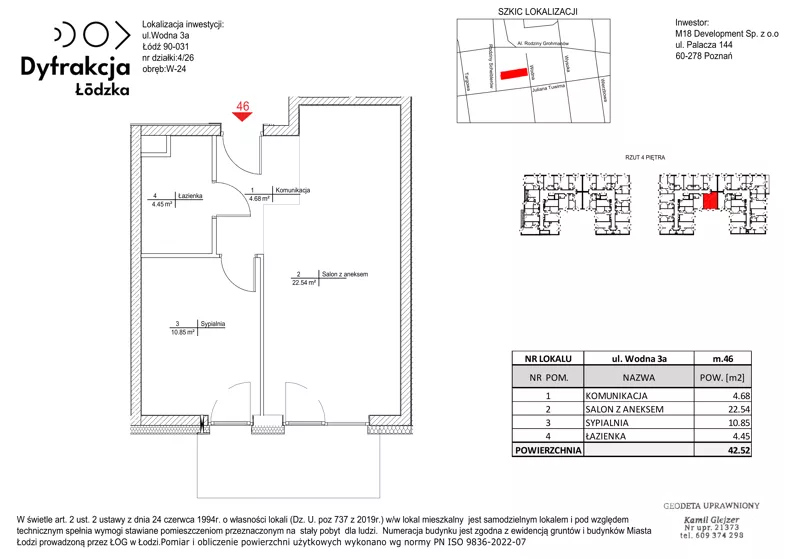 2 pokoje, mieszkanie 42,52 m², piętro 4, oferta nr B094, Dyfrakcja Łódzka, Łódź, Widzew, ul. Wodna 3