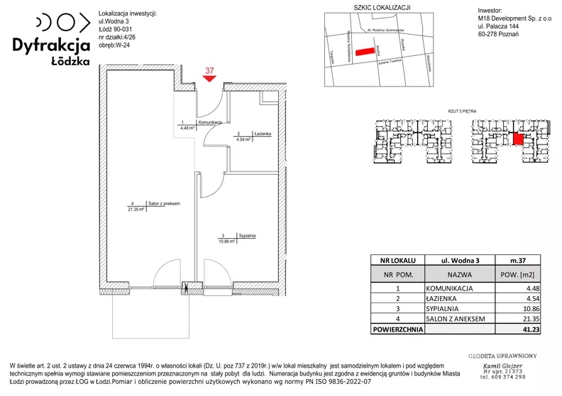 2 pokoje, mieszkanie 41,23 m², piętro 5, oferta nr A037, Dyfrakcja Łódzka, Łódź, Widzew, ul. Wodna 3