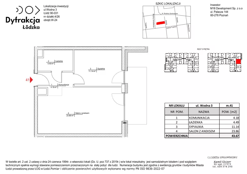 2 pokoje, mieszkanie 43,67 m², piętro 5, oferta nr A041, Dyfrakcja Łódzka, Łódź, Widzew, ul. Wodna 3
