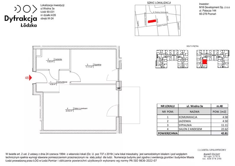 2 pokoje, mieszkanie 42,81 m², piętro 5, oferta nr B096, Dyfrakcja Łódzka, Łódź, Widzew, ul. Wodna 3