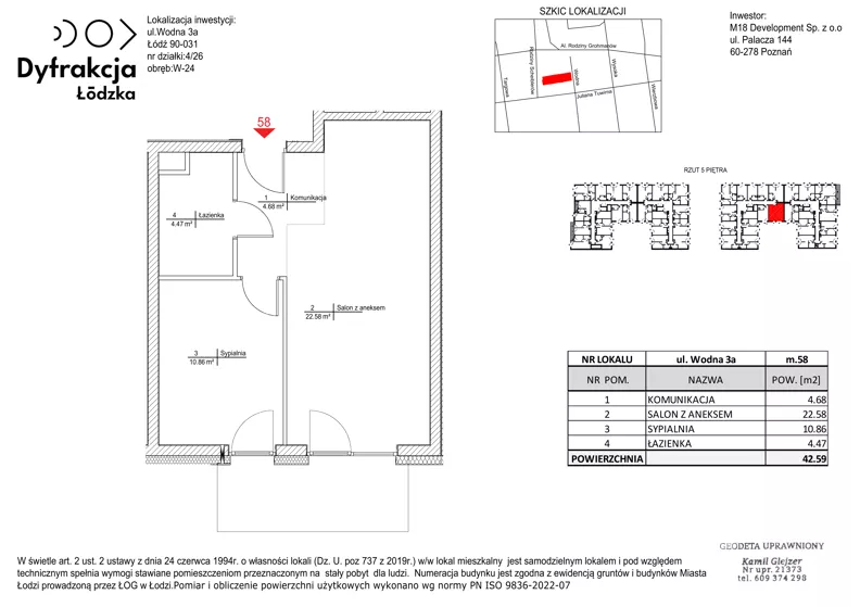 2 pokoje, mieszkanie 42,59 m², piętro 5, oferta nr B106, Dyfrakcja Łódzka, Łódź, Widzew, ul. Wodna 3