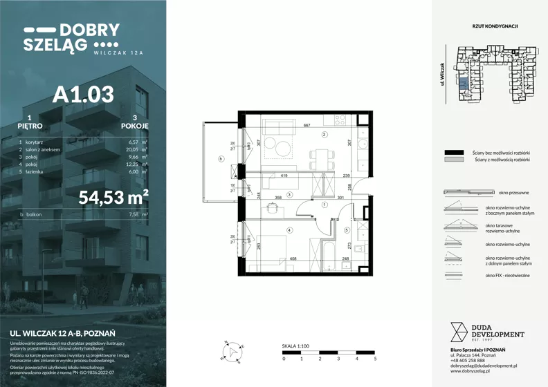 3 pokoje, mieszkanie 54,53 m², piętro 1, oferta nr A1.03, Dobry Szeląg, Poznań, Winogrady, Winogrady, ul. Wilczak 12A