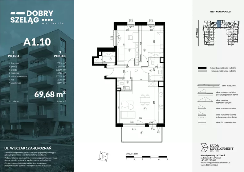 3 pokoje, mieszkanie 69,68 m², piętro 1, oferta nr A1.10, Dobry Szeląg, Poznań, Winogrady, Winogrady, ul. Wilczak 12A