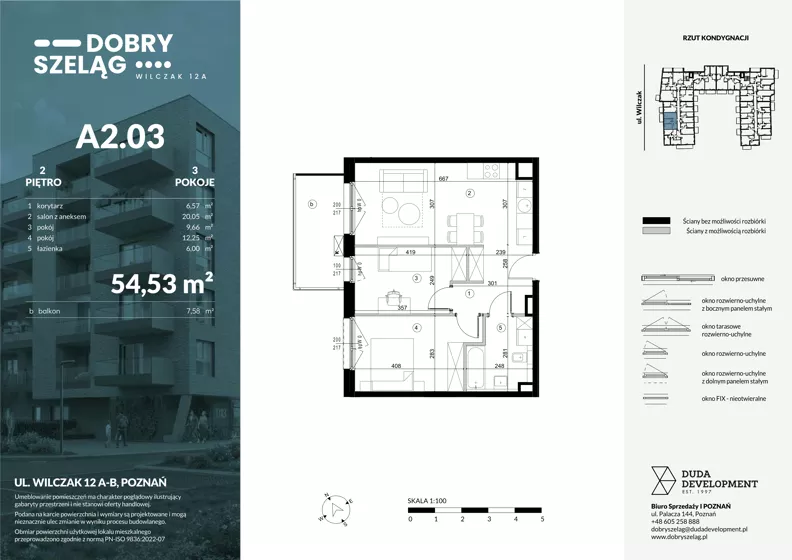 3 pokoje, mieszkanie 54,53 m², piętro 2, oferta nr A2.03, Dobry Szeląg, Poznań, Winogrady, Winogrady, ul. Wilczak 12A