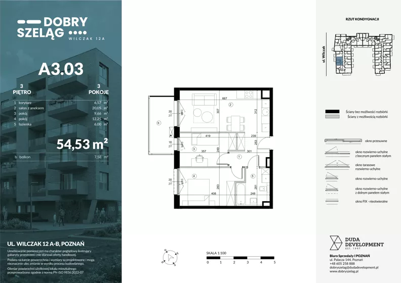 3 pokoje, mieszkanie 54,53 m², piętro 3, oferta nr A3.03, Dobry Szeląg, Poznań, Winogrady, Winogrady, ul. Wilczak 12A