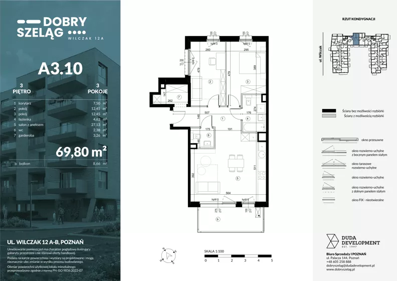 3 pokoje, mieszkanie 69,88 m², piętro 3, oferta nr A3.10, Dobry Szeląg, Poznań, Winogrady, Winogrady, ul. Wilczak 12A