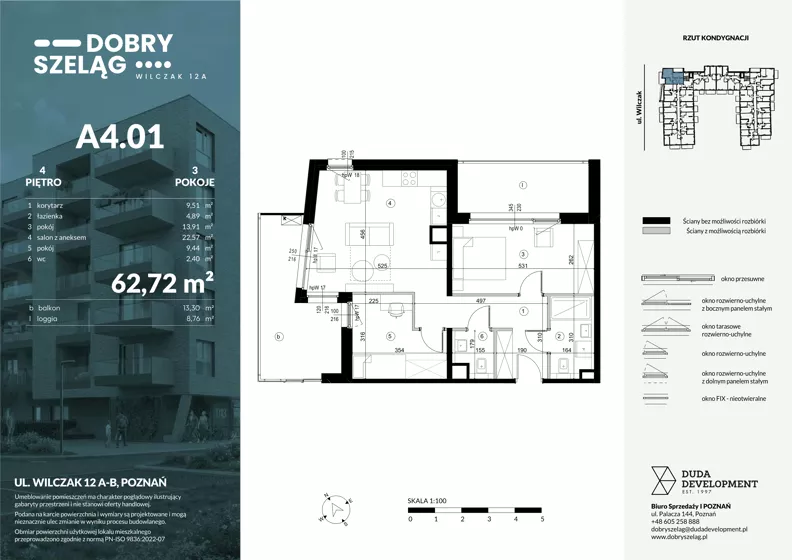 3 pokoje, mieszkanie 62,72 m², piętro 4, oferta nr A4.01, Dobry Szeląg, Poznań, Winogrady, Winogrady, ul. Wilczak 12A