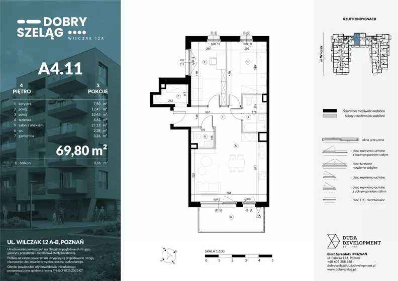 3 pokoje, mieszkanie 69,80 m², piętro 4, oferta nr A4.11, Dobry Szeląg, Poznań, Winogrady, Winogrady, ul. Wilczak 12A