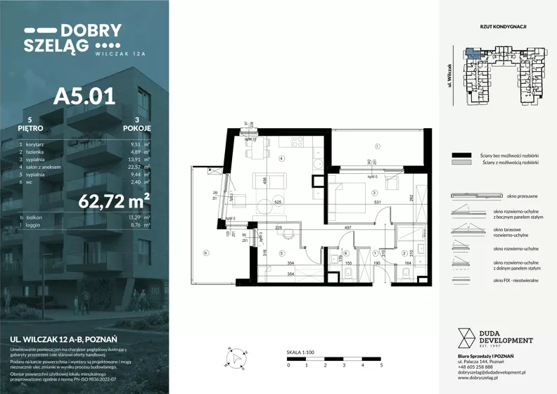 3 pokoje, mieszkanie 62,72 m², piętro 5, oferta nr A5.01, Dobry Szeląg, Poznań, Winogrady, Winogrady, ul. Wilczak 12A