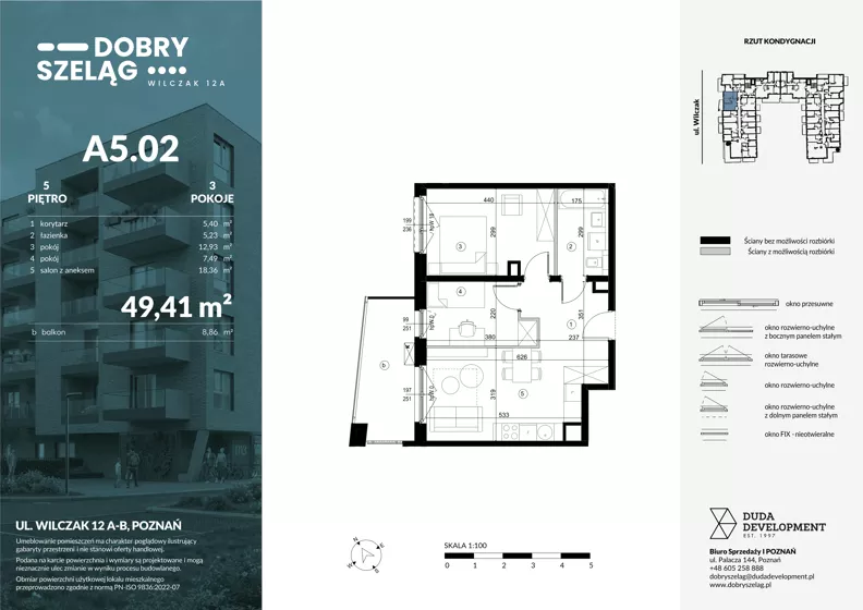 3 pokoje, mieszkanie 49,41 m², piętro 5, oferta nr A5.02, Dobry Szeląg, Poznań, Winogrady, Winogrady, ul. Wilczak 12A