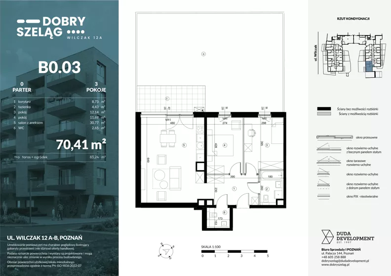 3 pokoje, mieszkanie 70,41 m², parter, oferta nr B0.03, Dobry Szeląg, Poznań, Winogrady, Winogrady, ul. Wilczak 12A