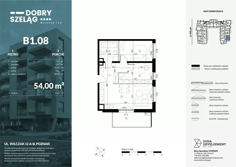 3 pokoje, mieszkanie 54,00 m², piętro 1, oferta nr B1.08, Dobry Szeląg, Poznań, Winogrady, Winogrady, ul. Wilczak 12A
