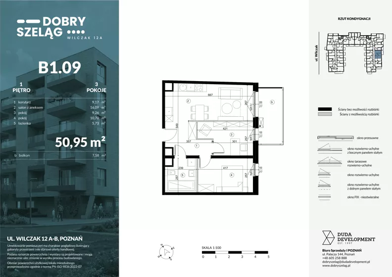 3 pokoje, mieszkanie 50,95 m², piętro 1, oferta nr B1.09, Dobry Szeląg, Poznań, Winogrady, Winogrady, ul. Wilczak 12A