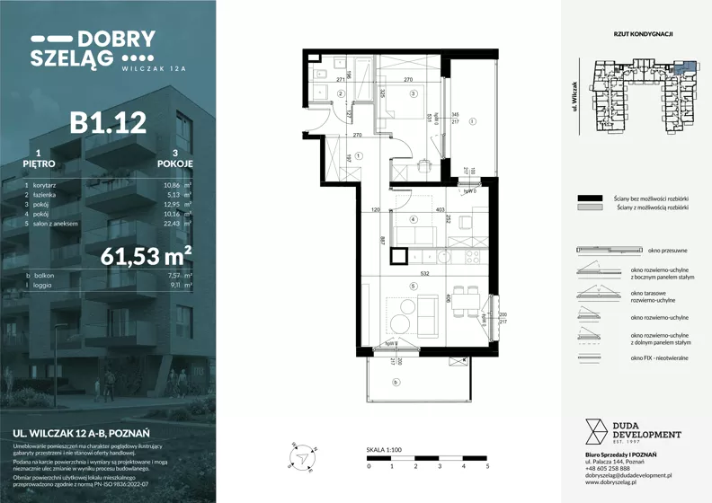 3 pokoje, mieszkanie 61,53 m², piętro 1, oferta nr B1.12, Dobry Szeląg, Poznań, Winogrady, Winogrady, ul. Wilczak 12A