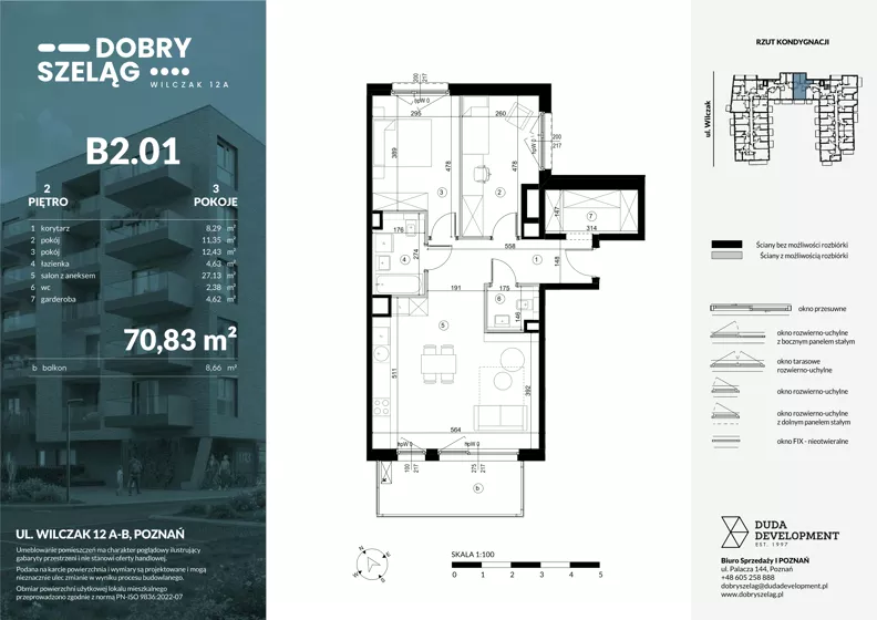 3 pokoje, mieszkanie 70,83 m², piętro 2, oferta nr B2.01, Dobry Szeląg, Poznań, Winogrady, Winogrady, ul. Wilczak 12A
