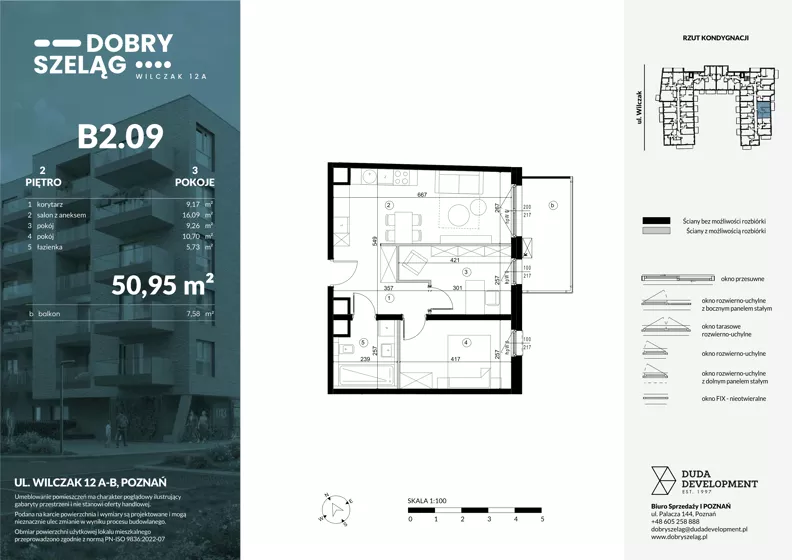 3 pokoje, mieszkanie 50,95 m², piętro 2, oferta nr B2.09, Dobry Szeląg, Poznań, Winogrady, Winogrady, ul. Wilczak 12A