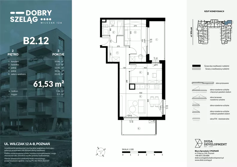 3 pokoje, mieszkanie 61,53 m², piętro 2, oferta nr B2.12, Dobry Szeląg, Poznań, Winogrady, Winogrady, ul. Wilczak 12A