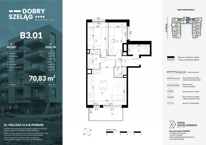 3 pokoje, mieszkanie 70,96 m², piętro 3, oferta nr B3.01, Dobry Szeląg, Poznań, Winogrady, Winogrady, ul. Wilczak 12A