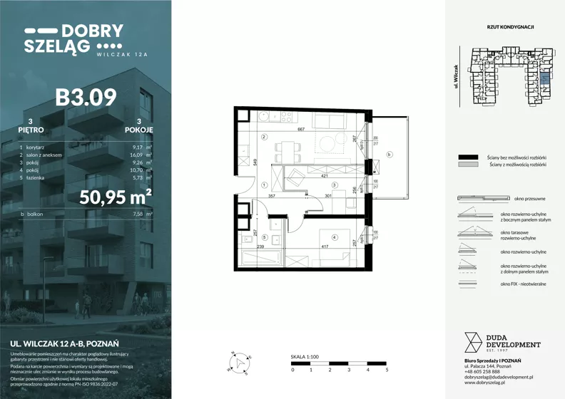 3 pokoje, mieszkanie 50,95 m², piętro 3, oferta nr B3.09, Dobry Szeląg, Poznań, Winogrady, Winogrady, ul. Wilczak 12A