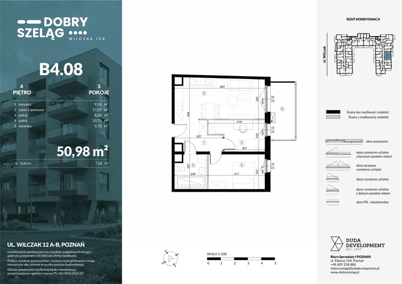 3 pokoje, mieszkanie 50,98 m², piętro 4, oferta nr B4.08, Dobry Szeląg, Poznań, Winogrady, Winogrady, ul. Wilczak 12A