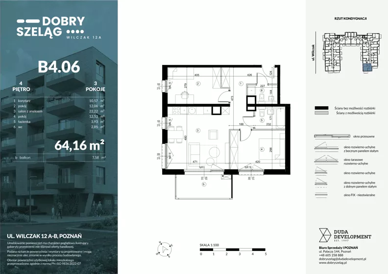 3 pokoje, mieszkanie 64,16 m², piętro 4, oferta nr B4.06, Dobry Szeląg, Poznań, Winogrady, Winogrady, ul. Wilczak 12A