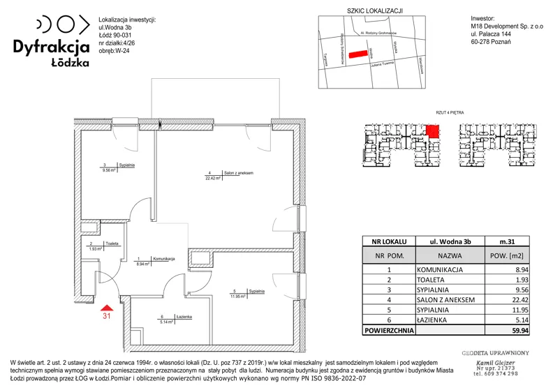 3 pokoje, mieszkanie 59,94 m², piętro 4, oferta nr C140, Dyfrakcja Łódzka, Łódź, Widzew, ul. Wodna 3