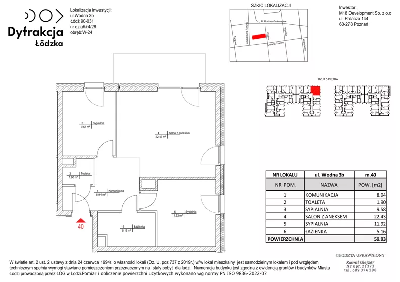 3 pokoje, mieszkanie 59,93 m², piętro 5, oferta nr C149, Dyfrakcja Łódzka, Łódź, Widzew, ul. Wodna 3