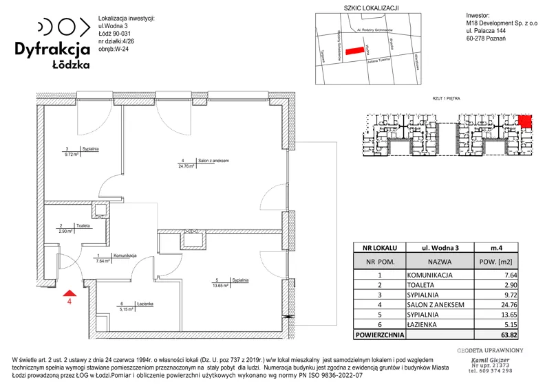 3 pokoje, mieszkanie 63,82 m², piętro 1, oferta nr A004, Dyfrakcja Łódzka, Łódź, Widzew, ul. Wodna 3