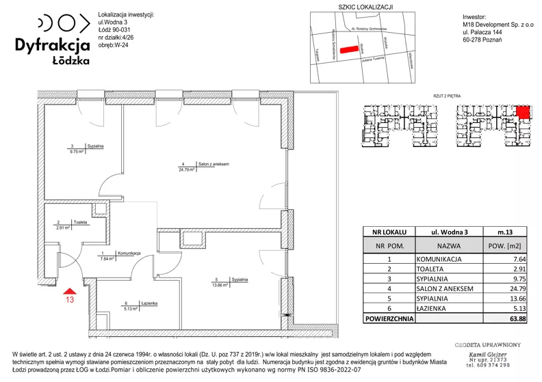 3 pokoje, mieszkanie 63,88 m², piętro 2, oferta nr A013, Dyfrakcja Łódzka, Łódź, Widzew, ul. Wodna 3
