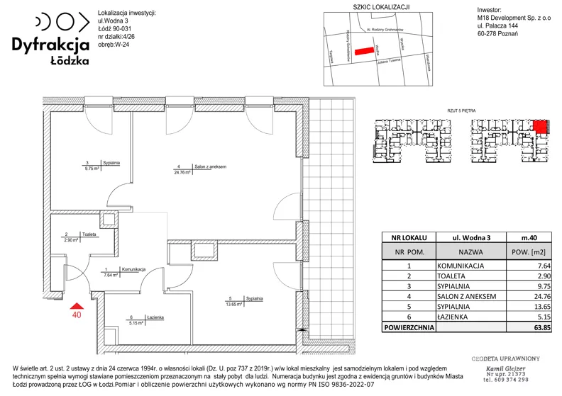 3 pokoje, mieszkanie 63,85 m², piętro 5, oferta nr A040, Dyfrakcja Łódzka, Łódź, Widzew, ul. Wodna 3