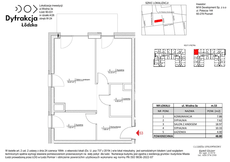 3 pokoje, mieszkanie 48,80 m², piętro 5, oferta nr B101, Dyfrakcja Łódzka, Łódź, Widzew, ul. Wodna 3