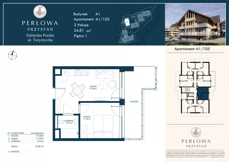 2 pokoje, lokal inwestycyjny 34,81 m², piętro 1, oferta nr 105, Perłowa Przystań Szklarska Poręba Etap 2, Szklarska Poręba, ul. Turystyczna 26a