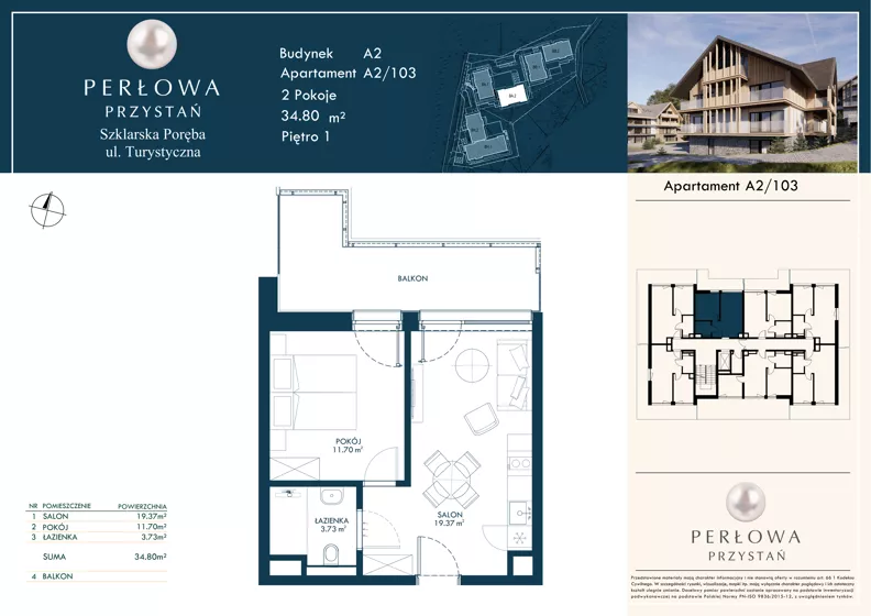 2 pokoje, lokal inwestycyjny 34,80 m², piętro 1, oferta nr 103, Perłowa Przystań Szklarska Poręba Etap 2, Szklarska Poręba, ul. Turystyczna 26a