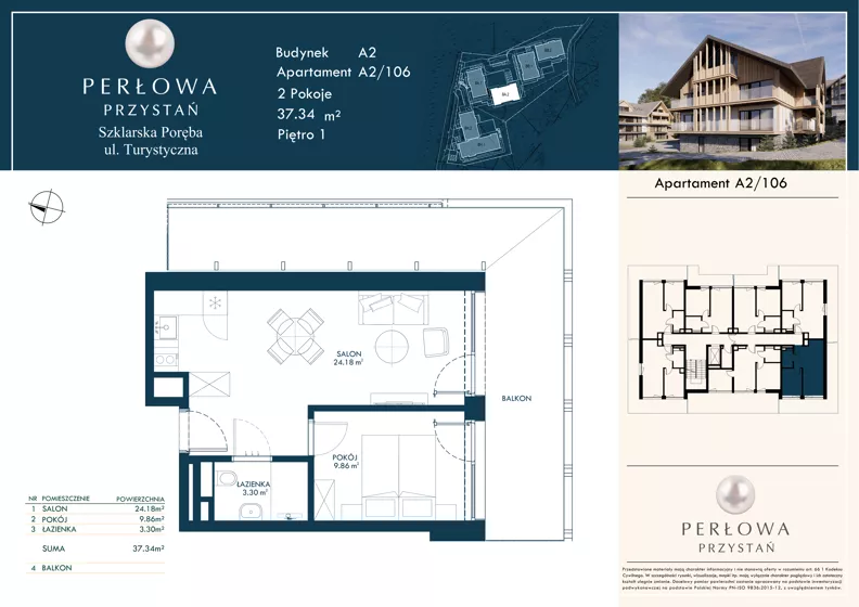2 pokoje, lokal inwestycyjny 37,34 m², piętro 1, oferta nr 106, Perłowa Przystań Szklarska Poręba Etap 2, Szklarska Poręba, ul. Turystyczna 26a
