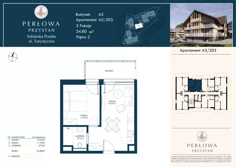 2 pokoje, lokal inwestycyjny 34,80 m², piętro 2, oferta nr 203, Perłowa Przystań Szklarska Poręba Etap 2, Szklarska Poręba, ul. Turystyczna 26a